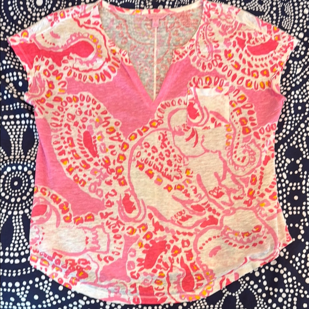 Lilly Pulitzer Pink Graphic Cap Sleeve Blouse